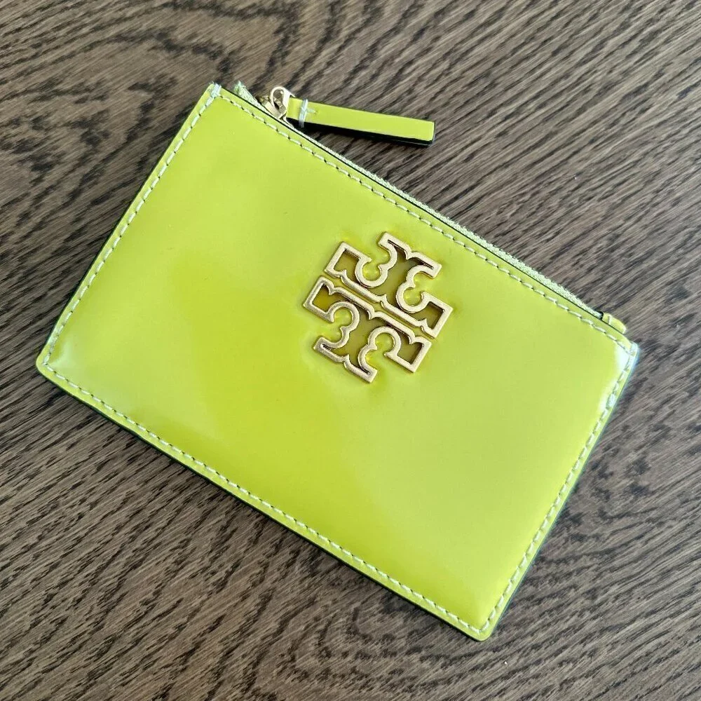 NWT! NEW! Tory Burch Britten Patent Top zip Card Case - Yellow Yuzu